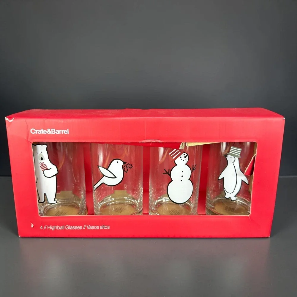 Crate & Barrel Joan Anderson Arctic Friends Highball Glasses Set 4 Holiday NEW